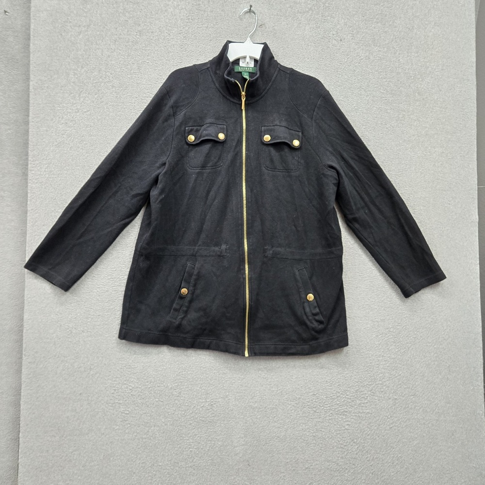 Lauren Ralph Lauren Women Jacket 2X Black Knit Cinched Waist Full Zip Mock Neck